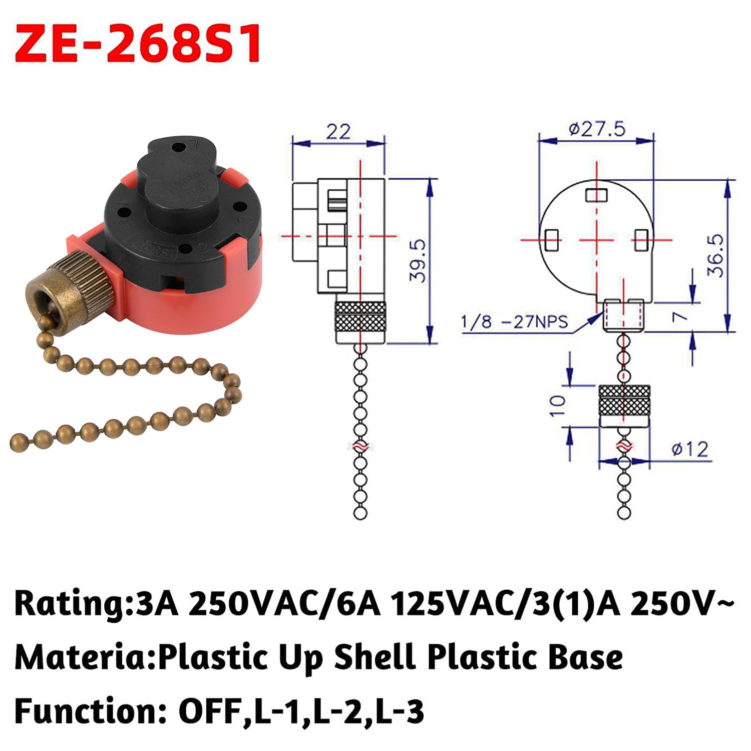 sui　0810 Zing Ear ZE-268S2 3 Speed 4 Wire Ceiling Fan Pull Switch